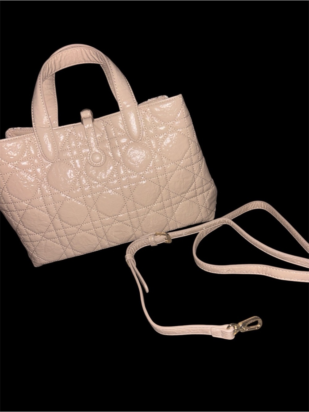 Quilted Patent Satchel in Light beige neutral color with Detachable Strap